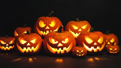 Group of lit jack-o-lanterns