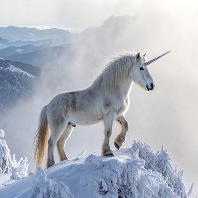 White unicorn on snowy mountain