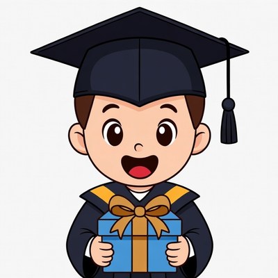 Boy in graduation gown holding gift