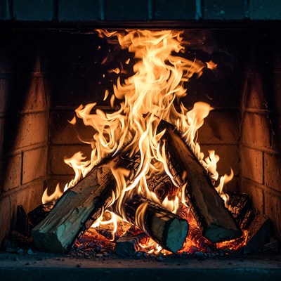 Blazing Fire in Brick Fireplace