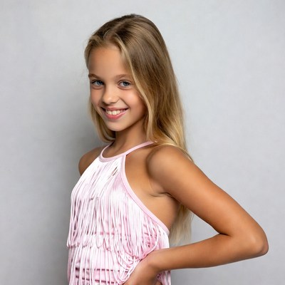 Smiling girl in pink fringed dress