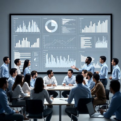 Diverse team meeting analyzing data dashboard