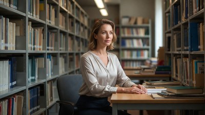 Woman working at library desk