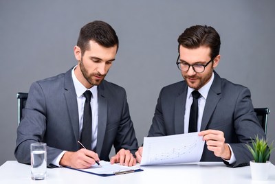 Two businessmen reviewing documents