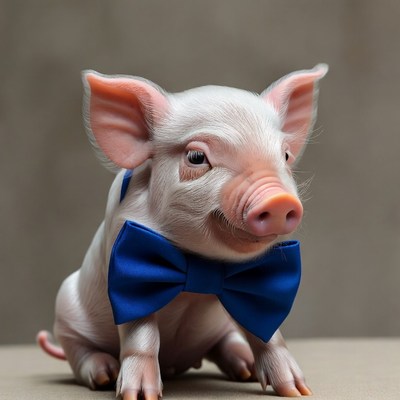 Piglet wearing blue bow tie