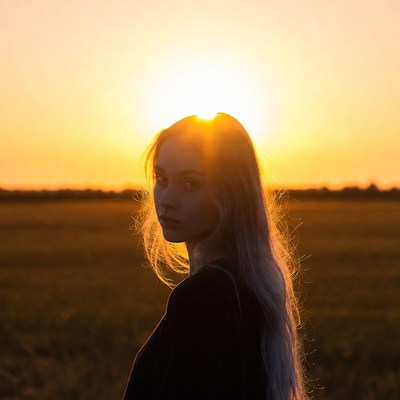Woman with long hair at sunset