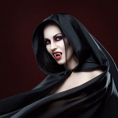 Vampire woman with fangs in black hood