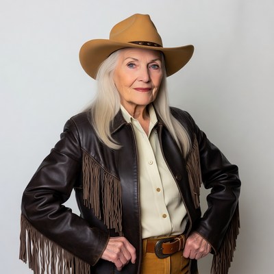 Elderly woman in cowboy hat and fringed jacket