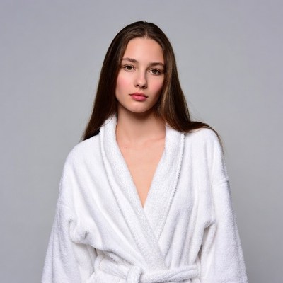 Young woman in white bathrobe