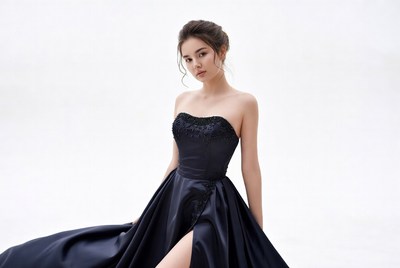 Asian woman in black strapless gown