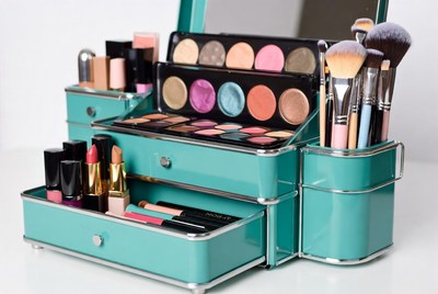 Turquoise Makeup Organizer with Cosmetics