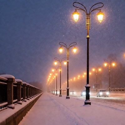 Snowy Bridge with Glowing Street Lamps