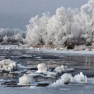Frosty Trees and Ice Chunks on River