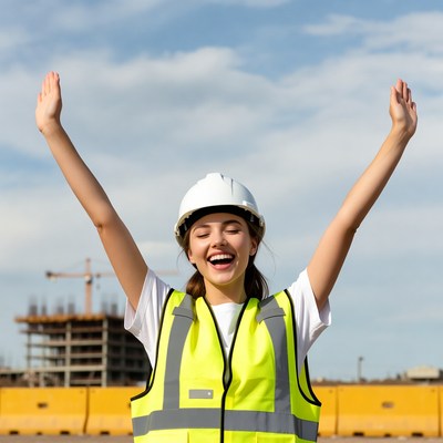 Happy woman in hard hat raising arms