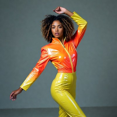 African-American woman in yellow orange shiny jumpsuit