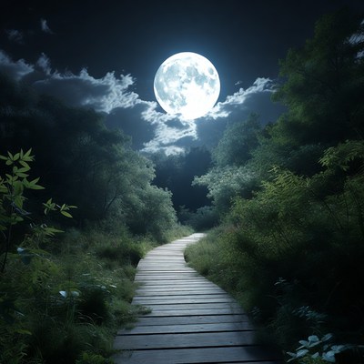 Moonlit Wooden Path in Forest