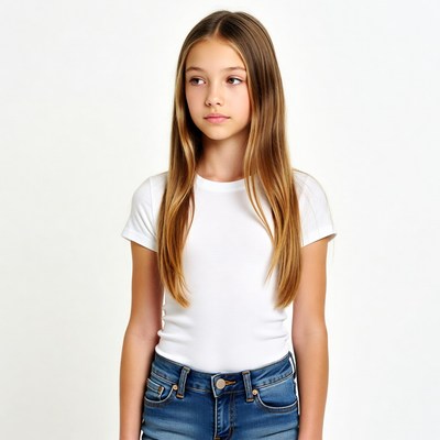 Teen girl in white t-shirt and jeans