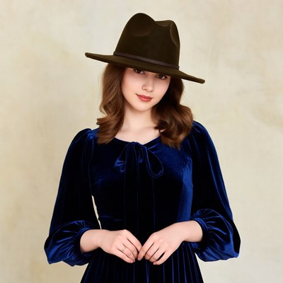 Woman in brown fedora and blue velvet dress
