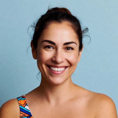 Smiling woman in colorful swimsuit