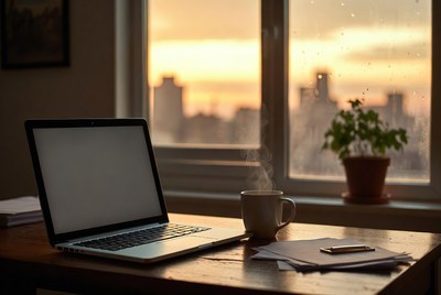 Laptop and steaming coffee on desk by window