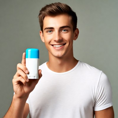 Young man holding blue deodorant