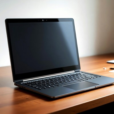 Black laptop on wooden desk