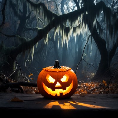 Jack-o'-lantern in haunted forest