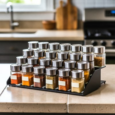Spice Rack with Glass Jars on Kitchen Counter