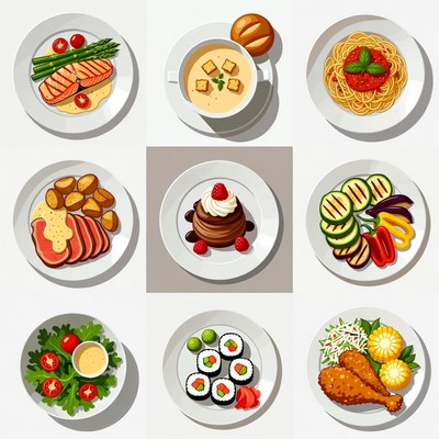 Assortment of Food Dishes on Plates