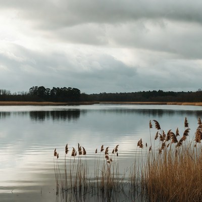 Reeds by Calm Lake Under Cloudy Sky