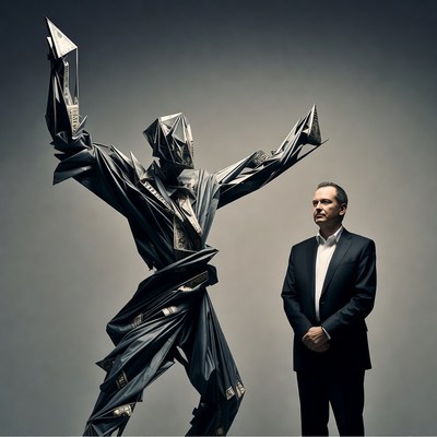 Man with money sculpture suit