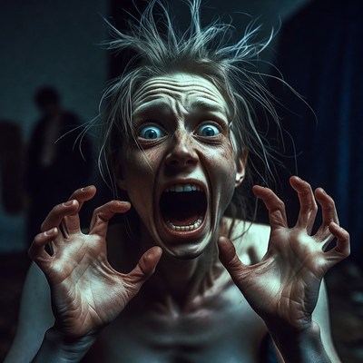 Terrified Woman Screaming with Wild Hair