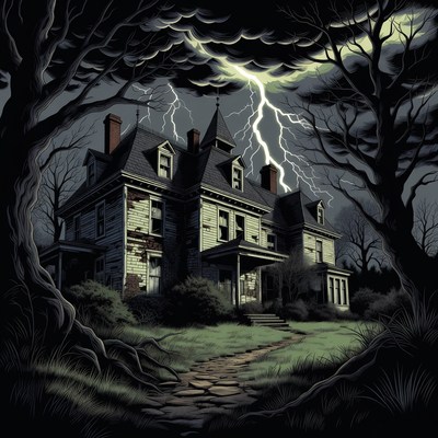 Haunted Mansion in Stormy Forest