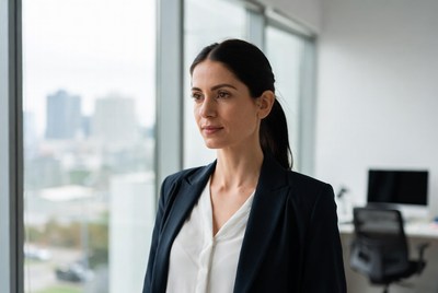 Businesswoman gazing through office window