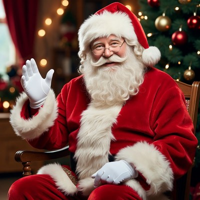 Smiling Santa Claus waving in chair