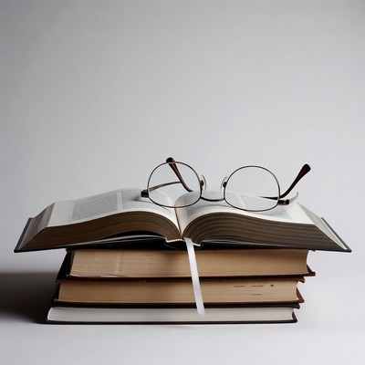 Open book with glasses on stack