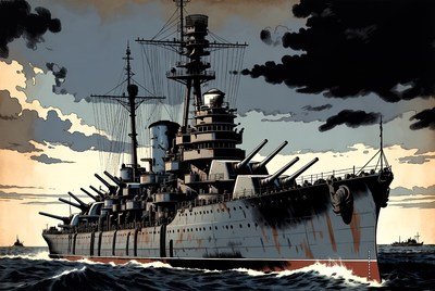 Battleship sailing stormy ocean