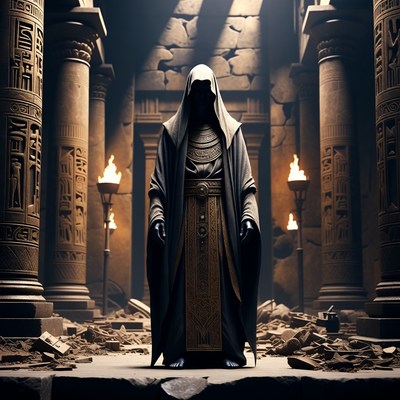 Hooded Figure in Ancient Egyptian Temple