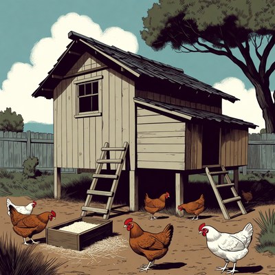 Chickens outside wooden coop