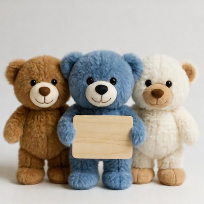 Three teddy bears holding blank sign