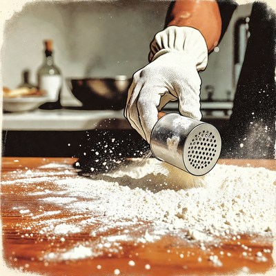 Hand sifting flour over kitchen counter