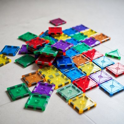Colorful Magnatiles Scattered on Floor