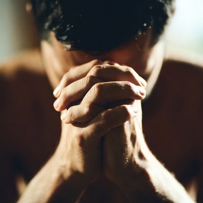 Man praying with clasped hands