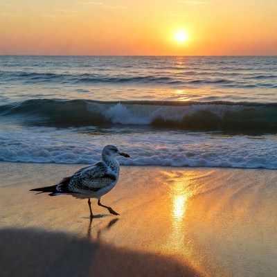 Seagull walking on beach at sunset