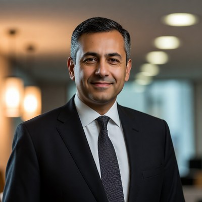 Smiling man in suit office background