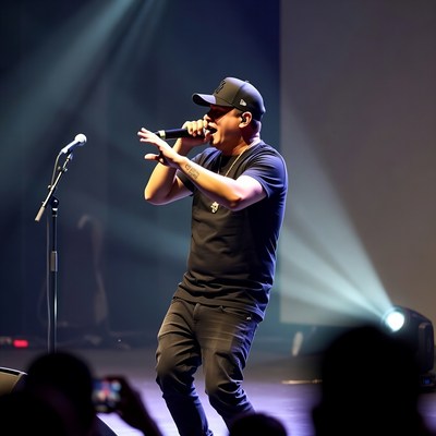 Man rapping on stage with microphone