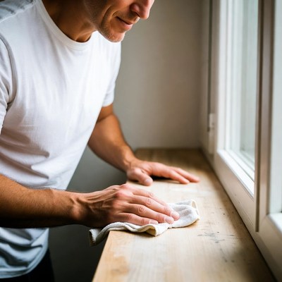 Man cleaning windowsill with cloth
