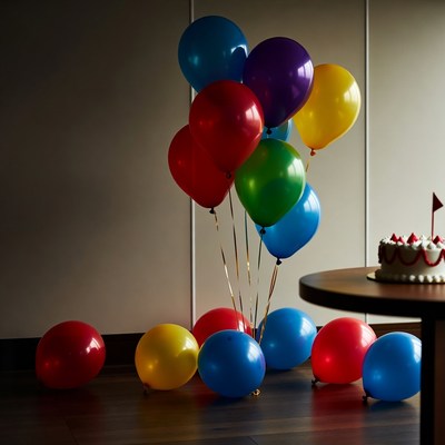 Colorful Balloons and Birthday Cake