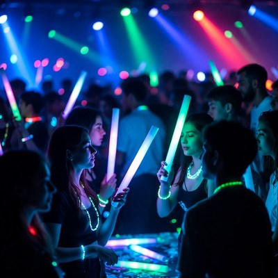 Crowd with glow sticks at nightclub party