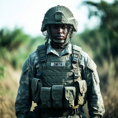 African-American soldier in helmet outdoors